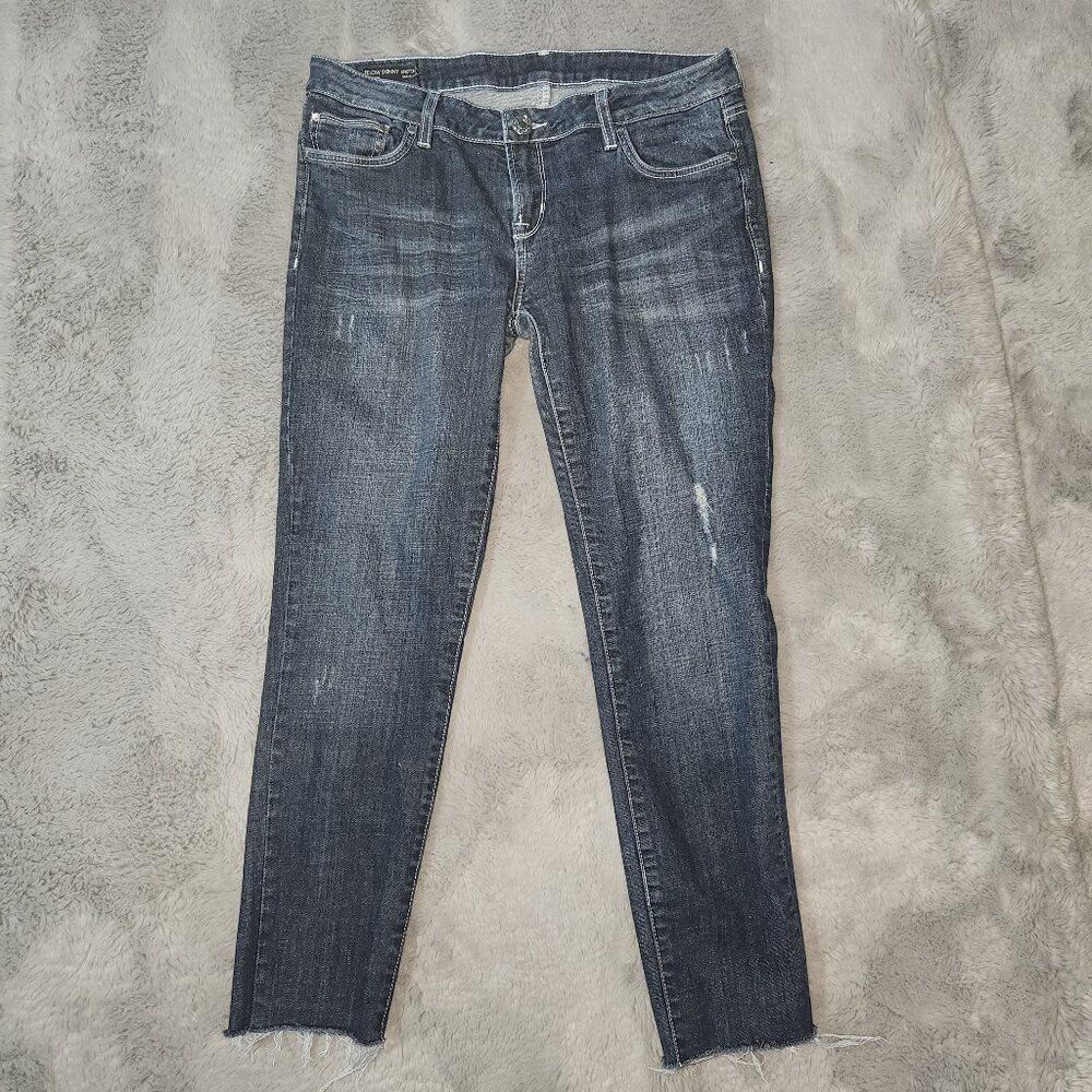 Dark wash distressed skinny ankle jeans with frayed hem size 34